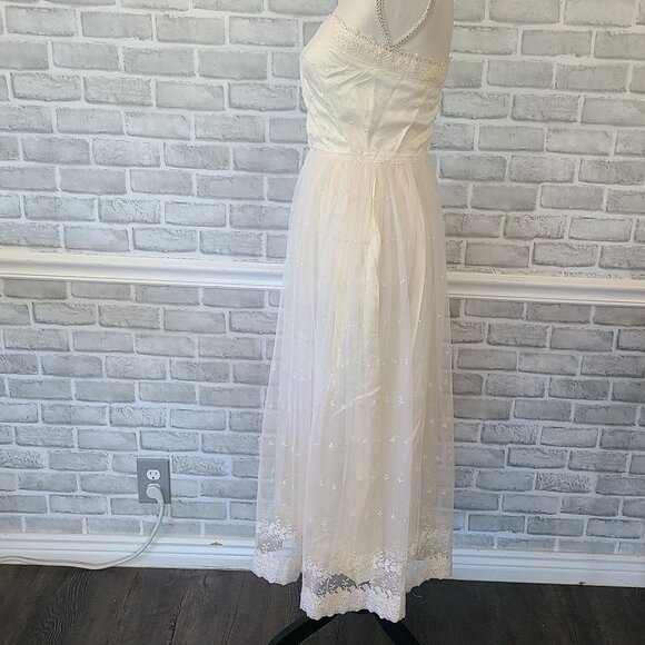 Vintage Handmade Satin Lace Sleeveless Tea Length Wedding Dress Cocktail Prom - Picture 8 of 12